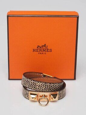 Hermes Ombre Lizard Gold Plated Rivale Double Tour Bracelet Size T1